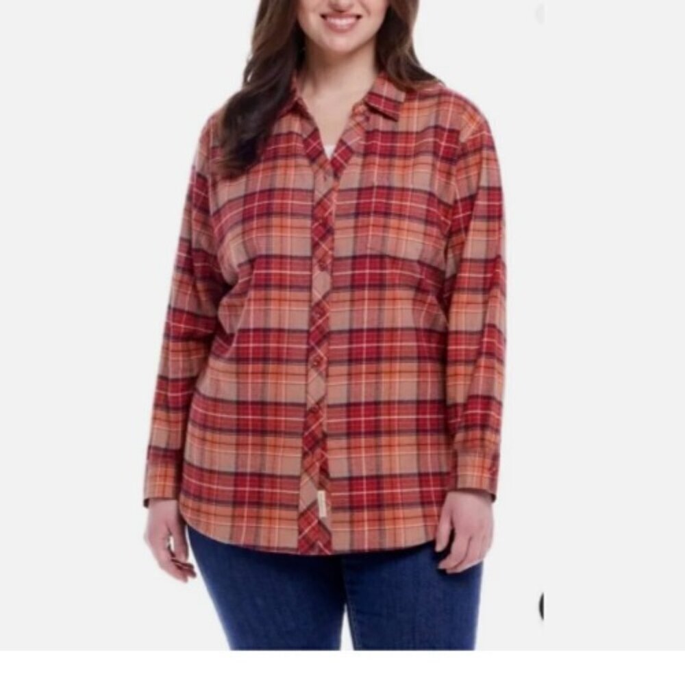 NEW Weatherproof Vintage Women's XL Comfort Stretch Flannel Shirt, Orange Plaid